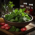 fresh mint in a bowl with tomatoes resting on a wooden chopping board Royalty Free Stock Photo