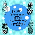 Enjoy Summer Beach Party. Modern Calligraphic Card With Pineapples On Seamless Abstract Geometric Background. Geometric Background