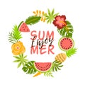 Enjoy summer Cute summer banner with tropical fruits flowers palm leaves. Decorative fruit wreath Cute element