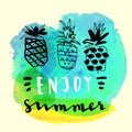 Enjoy Summer. Handwritten Inspirational Summer Quote. Greeting Card With Pineapples And Watercolor Blot