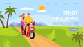 Enjoy summer landing banner, couple at scooter vector illustration. Man woman ride motorcycle, cartoon travel website