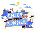 Enjoy summer lettering. Summer beach banner with crowd of peopl