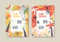 Enjoy summer party vector poster templates set. Open air festival invitation decorated with palm trees and tropical