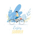 Enjoy Summer Text Banner with Cartoon Boy Cycling