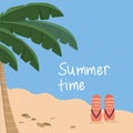 Enjoy the summer time. The beach and a palm tree with big leaves. Pink women`s flip flops standing upright in the sand. vector Royalty Free Stock Photo