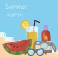 Enjoy the summer time. Holiday items and accessories. Cocktail, watermelon, cream, sun glasses lying on the beach, sea or ocean.
