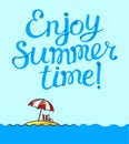 Enjoy summer time lettering poster. Background with cartoon island and tropical landscape Royalty Free Stock Photo