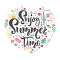 Enjoy summer time lettering quote, text with flowers on background. Season Typography Design for holiday invitation Royalty Free Stock Photo
