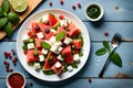 A refreshing summer salad, with watermelon, feta cheese, and mint, dressed with a light vinaigrette. Ai generative