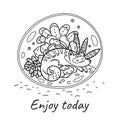 Enjoy today. Glass terrarium with cute cat and garden in cartoon style. Contour vector illustration