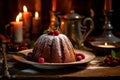 Enjoy the traditional goodness of plum pudding, artfully served on a wooden table. Royalty Free Stock Photo