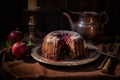 Enjoy the traditional goodness of plum pudding, artfully served on a wooden table. Royalty Free Stock Photo