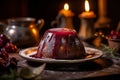 Enjoy the traditional goodness of plum pudding, artfully served on a wooden table. Royalty Free Stock Photo
