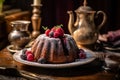 Enjoy the traditional goodness of plum pudding, artfully served on a wooden table. Royalty Free Stock Photo