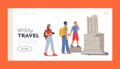 Enjoy Travel Landing Page Template. Male and Female Tourist Characters Visit Sightseeing, Make Pictures of Antique Ruins