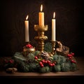 Cozy Illumination: Three Cream Candles Aglow in Festive Wreath