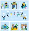 Enjoy your life. Concept of young people jumping on blue background and enjoing the coffee, playing guitar, doing yoga and