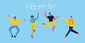 Enjoy your life. Concept of young people jumping on blue background and enjoing life in the flat design