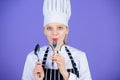 Enjoy your meal. Woman chef hold utensil spoon fork. Appetite and taste. Traditional culinary meal. Professional cook Royalty Free Stock Photo