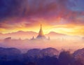 Enjoying colorful sunset over of Buddhist stupas and hot air balloon in the ancient Bagan. Myanmar, Asia