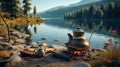 Enjoying a Cup of Tea from a Vintage Kettle. A Campsite by the Lake. Generative AI