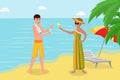 Enjoying drinks on seashore vector illustration. Tropical island luxury summer vacation with friends flat concept