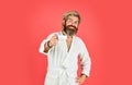 Enjoying fresh coffee. Every morning begins with coffee. Bachelor in bathrobe. Man with beard in dressing gown. Guy in Royalty Free Stock Photo