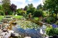 Garden with water lilies on pond, flowerbeds and trees in summer. 