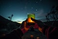 Enjoying glass of orange juice at campsite with cozy campfire and starry night sky. Generative AI.