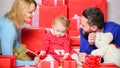 Enjoying happy moments. Family celebrate their love. Romantic couple in love and baby girl. Valentines day concept Royalty Free Stock Photo