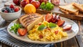 Enjoying a hearty breakfast plate of scrambled eggs with bacon, fresh fruits, and toast on a rustic wooden table. Generative AI