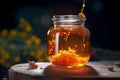 Enjoying the honey flow: a bee next to a glass jar