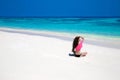 Enjoying life. Healthy free woman walking on exotic sea. Fit brunette girl resting on tropical beach. outdoor summer portrait. Bl Royalty Free Stock Photo