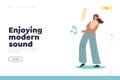 Enjoying modern sound concept of landing page with girl in headphones listen music smiling dancing