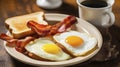 Enjoying the Richness of Sunny Side Up Eggs, Bacon, and Pancakes, Served on Wood Royalty Free Stock Photo