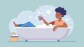 Enjoying a soothing bubble bath while slowly massaging sore muscles with a handheld roller.. Vector illustration.