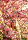 Enjoying spring holiday. retro woman smell pink sakura flowers. spa and beauty treatment. soft skin care. healthy girl Royalty Free Stock Photo