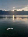 Enjoying the sunrise at lake batur in the company of a pair of ducks Royalty Free Stock Photo