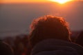 Enjoying sunrise view at summit top in high mountain volcano Rinjani. Island Lombok, Indonesia. Royalty Free Stock Photo