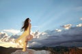 Enjoyment. Free happy woman enjoying sunset. Beauty Girl over Sk Royalty Free Stock Photo