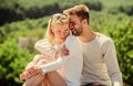 Enjoyment. Summer romance. Family love. Love story. Romantic relations. Couple in love. Man and woman sunny day outdoors Royalty Free Stock Photo