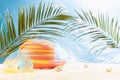 Enjoyment summertime beach vacation - picnic on tropical beach with fun beach games - slinky toy, sun hat, seashells under palm. Royalty Free Stock Photo