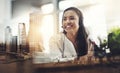 She always enjoys work. an attractive young female agent working in a call centre. Royalty Free Stock Photo