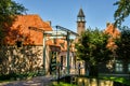 Historic drawbridge with in the background the historic houses and the church of Enkhuizen