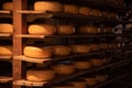 Enkhuizen, Netherlands, June 2022. Close up of a cheese warehouse. The cheeses are stacked on the shelf.