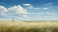 Enlightened Man Playing Tennis In Wheat Field: Panoramic Prairiecore Art