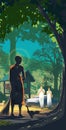 an enlightened monk is sweeping ground in his parsonage area with the background of the arrival of the laypeople to practice.