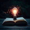 Enlightened study Glowing lamp above an open book signifies knowledge Royalty Free Stock Photo