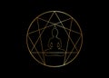 Enneagram yoga logo design for infographics and business. Gold Enneagram icon, sacred geometry, with a meditating buddha icon