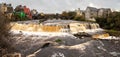 Ennistymon town, Ireland - 11.14.2020: Panorama image of Father Ted : Cascade Waterfall. Old bridge over the river and colorful